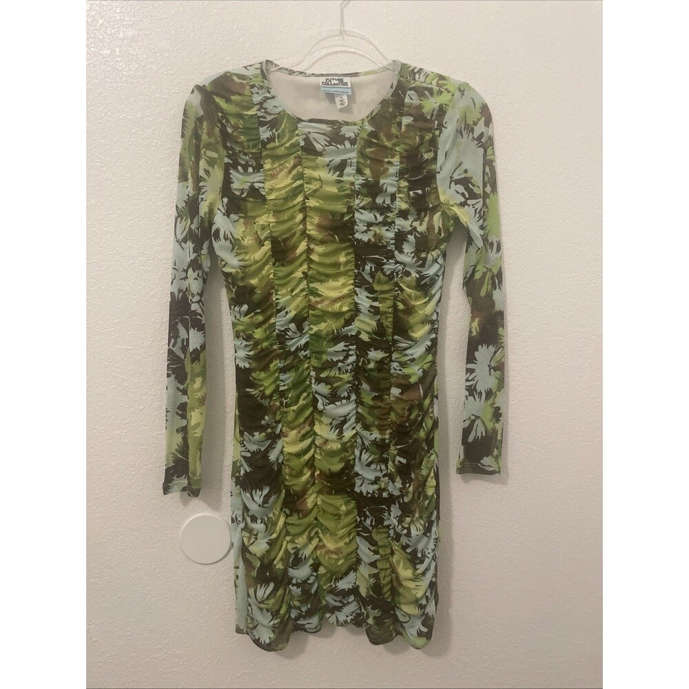 Women’s Bodycon Dress XS Green Floral Chiffon Sheer Lined Ruched Fairy Future Co